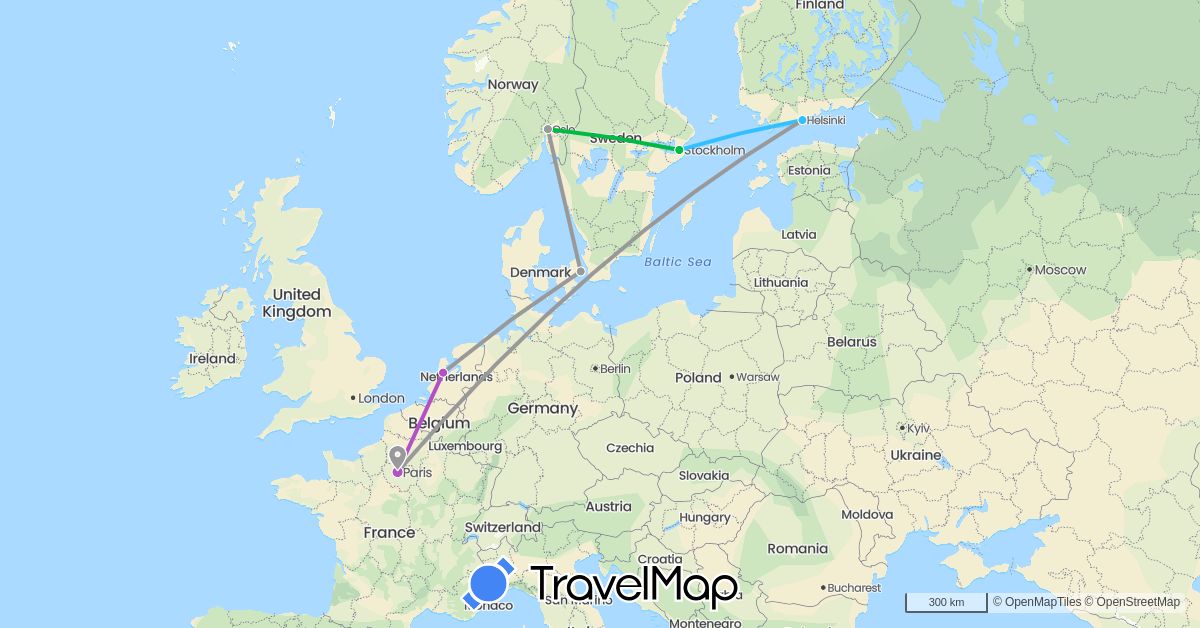 TravelMap itinerary: driving, bus, plane, train, boat in Denmark, Finland, France, Netherlands, Norway, Sweden (Europe)